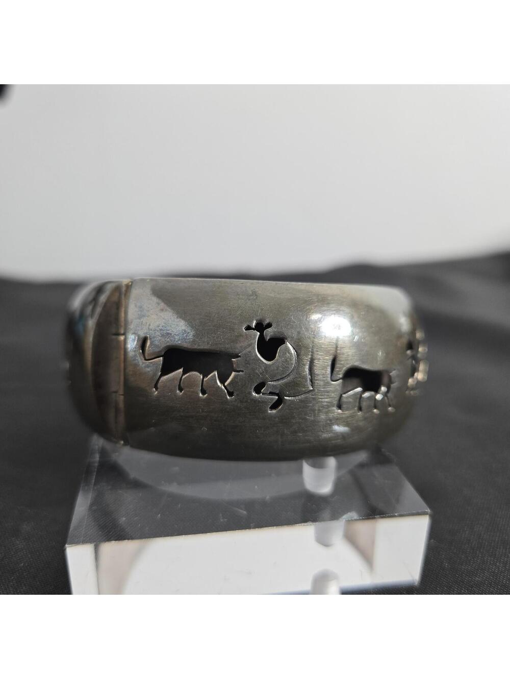 Vintage Mexico Sterling Silver Story Teller Bull Fight Cutout Hinged Bracelet